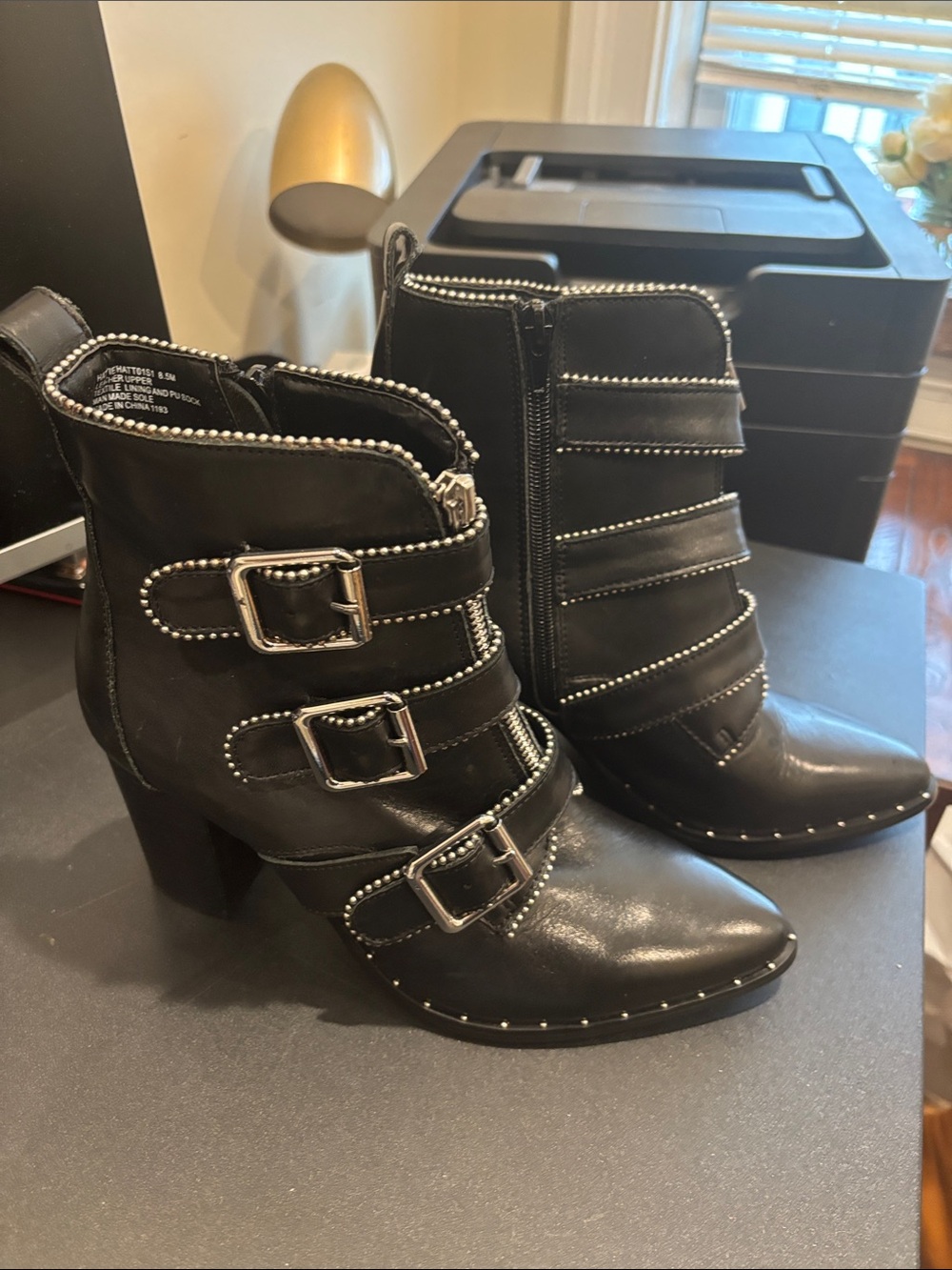 Steve Madden Black Leather Buckled Ankle Booties with Silver Studs